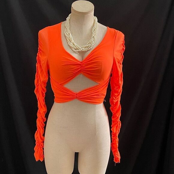 Vibrant Neon Orange Mesh Cutout Crop Top - Bold & Eye-Catching! - Picture 1 of 3